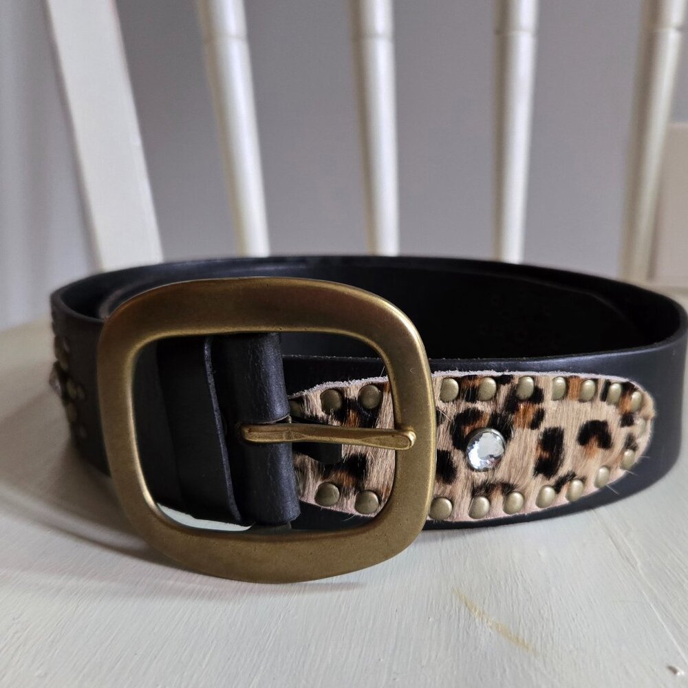 Linea Pelle Black Leather and Leopard Belt, Size M